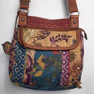 Vintage Fossil Canvas & Leather Floral Crossbody Bag Purse Medium Bird Charm y2k